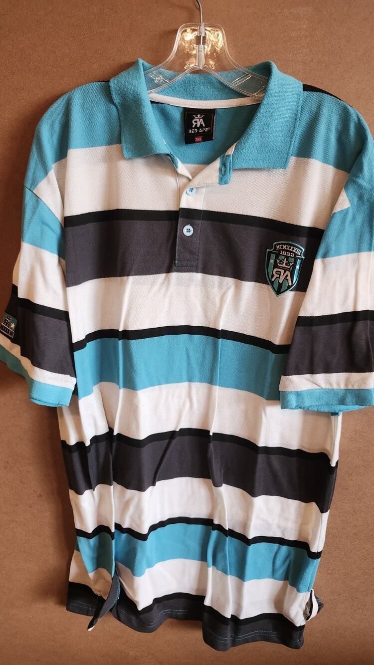 Red Ape Mens Polo Shirt 3XL Striped Turquoise Black White Y2K HipHop Skater Mt83